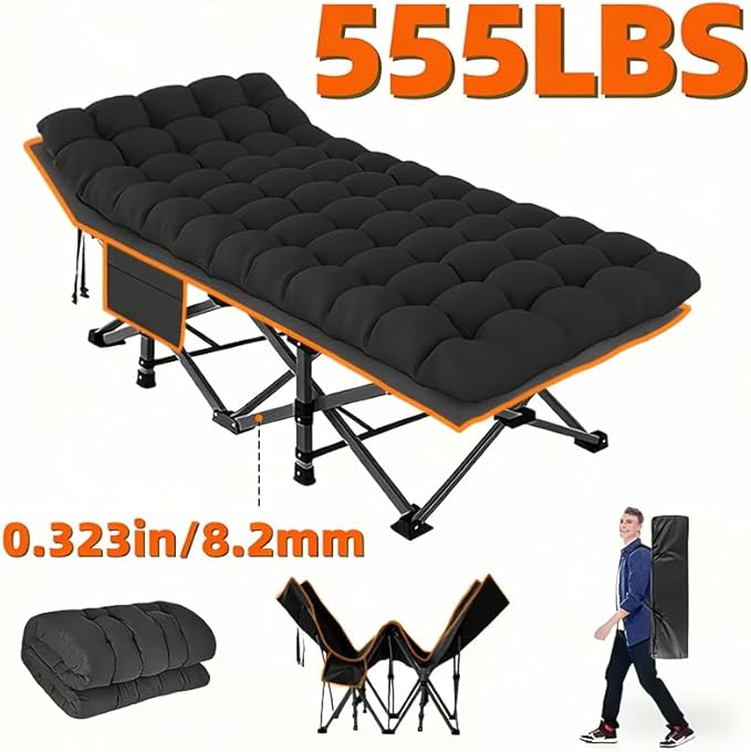 DEYUI Portable Adult Sleeping Bed Frame with Mattress | 755/655/55/455/355 lbs Weight Capacity Foldable Guest/Camping Bed Ideal for Teenagers and Adults (555lbs Black Set with Mattress)