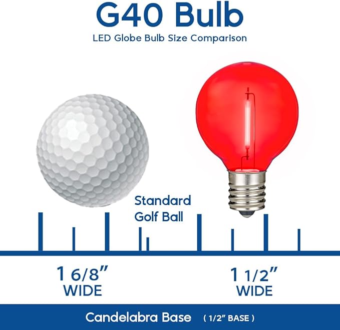 Novelty Lights G40 Filament LED String Light Translucent Red/White/Blue Bulbs 25 Globe Lights with 12 Spacing on Black Wire Indoor/Outdoor Festive Patio Lights