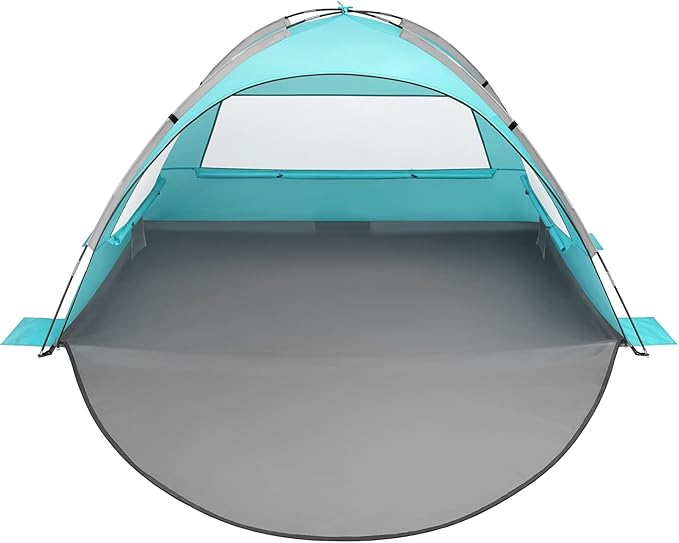 Oileus Beach Tent 2-3 Person Portable Sun Shade Shelter UV Protection Extended Floor Ventilating Mesh Roll Up Windows Carrying Bag Stakes 6 Sand Pockets Fishing Hiking Camping Sky Blue