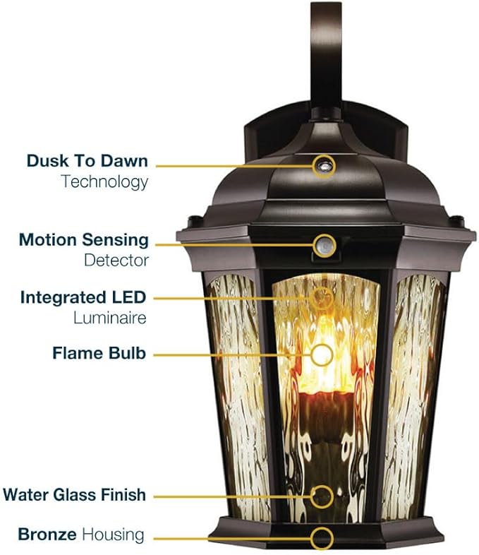 Euri Lighting EFL-130W-MD Flickering Flame Porch Light Water Glass with Integrated Security Light (3000K) Motion-Sensor Dusk-to-Dawn Oil Rubbed Bronze Housing