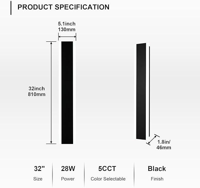 2-Pack 32-Inch Linear LED Outdoor Wall Light Fixture IP65 Waterproof Exterior Wall Sconce with Build-in Integrated LED &amp 5 Color Dimmable for Patio Porch (3000K/3500K/4500K/5000K/6000K)