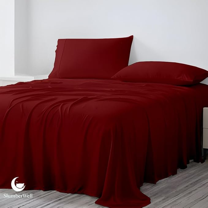 SlumberWell 4 Piece Luxury Soft Microfiber Fitted Bed Sheet Set for Campers RV 8 to 12 Inch Deep Pocket Olympic Queen 66 x 80 Burgundy
