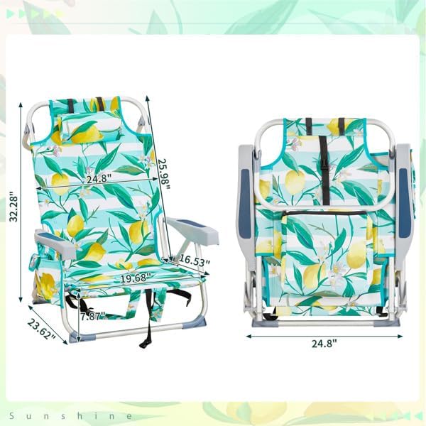 Folding Backpack Beach Chair 4 Position Portable Camping Chair with Headrest Cup Holder and Wooden Armrests (Green 1 Pack)