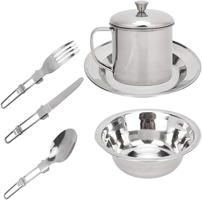 Stainless Steel Outdoor Tableware Set Portable Single Person Cookware for Camping Picnic Hiking Rustproof Camping Dishes Set with Storage Bag Lightweight Outdoor Cooking Utensil