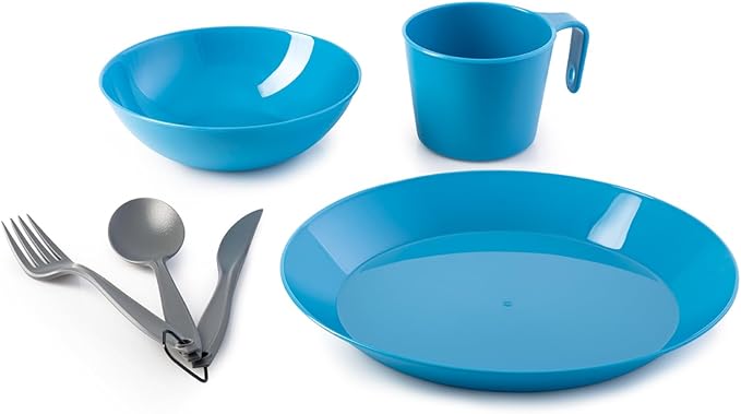 GSI Outdoors Cascadian 1 Person Table Set I 6-Piece Camping Backpacking Mess Kit Plastic BPA Free Plate Bowl Mug Cup &amp Cutlery Set