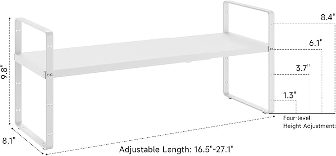 16.5~27.1 Expandable Shelf Organizer 2Pack 8.1 Wide Stackable Cabinet Shelf Organizers White Metal Sturdy Kitchen Counter Storage for Countertop Adjustable Height Spice Rack