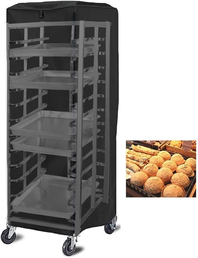 420D Waterproof and Dustproof Bun Rack Cover with PVC Window for 59x72x163cm Commercial Bakery Pan Rack Black Polyester Fabric Outdoor Protection