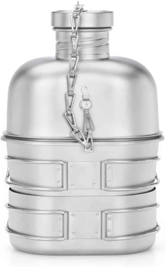 Keith Titanium Ti3061 Pro Plastic-Free Canteen Mess Kit with Stove – Grade 1 Titanium Cookset 37 oz Bottle 24 oz &amp 13.5 oz Cups Custom MOLLE Field Carry Case with Premium Zippered Pouches