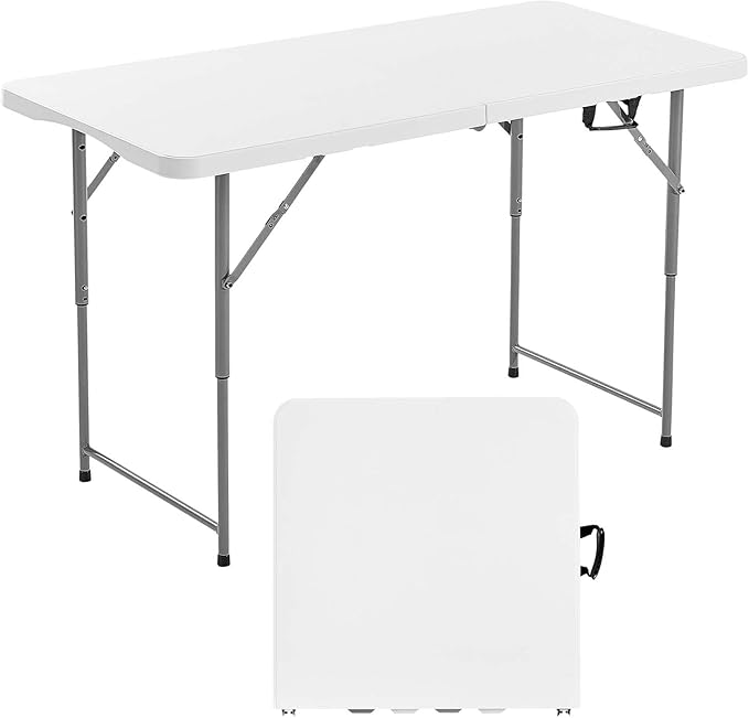 VEVOR Folding Table Heavy Duty Portable Fold-in-Half Utility Table Indoor Outdoor Plastic Rectangle Table with Built in Handle for Party Dining Wedding Events Picnic Camping 4 ft White