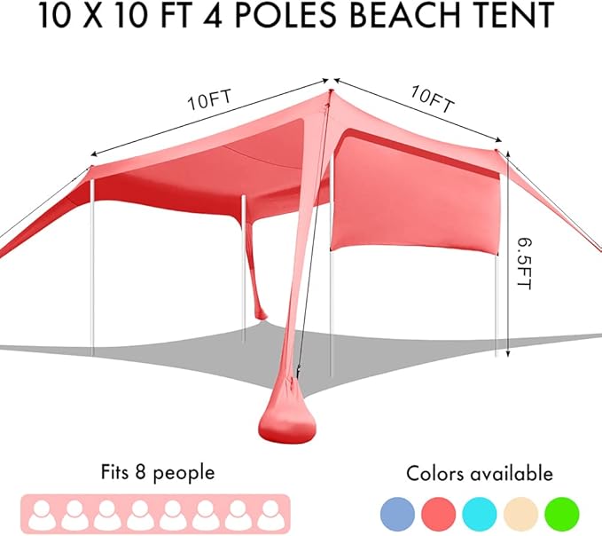 Beach Canopy Tent Shade with Sidewalls 10x10FT 6.6FT Tall UPF50+ Sun Shelter Windproof &amp Water Resistant Includes Guylines Sand Shovel Stability Poles Easy Up for Beach Outdoor Camping Backya
