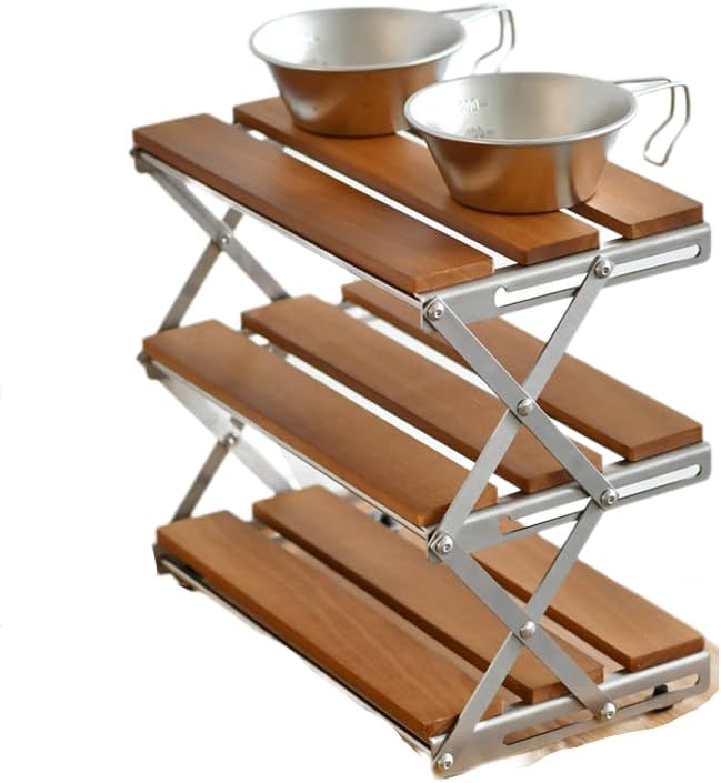 Three Level Solid Wood Outdoor Camping Rack Folding Multifunctional Storage Table Storage Display Rack Camping Coffee Table