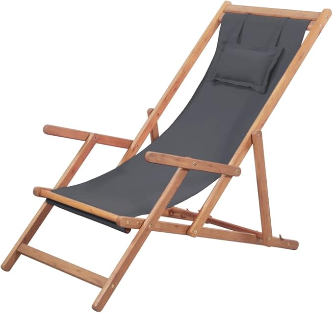 Versatile Folding Beach Chair with Adjustable Recline Comfortable Pillow Wooden Frame Gray