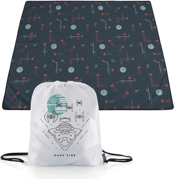 Picnic TIME Star Wars Death Star Impresa Picnic Blanket Extra Large Lightweight Fleece Beach and Outdoor Blanket with Drawstring Backpack and Easy Fold Design (Black and White)