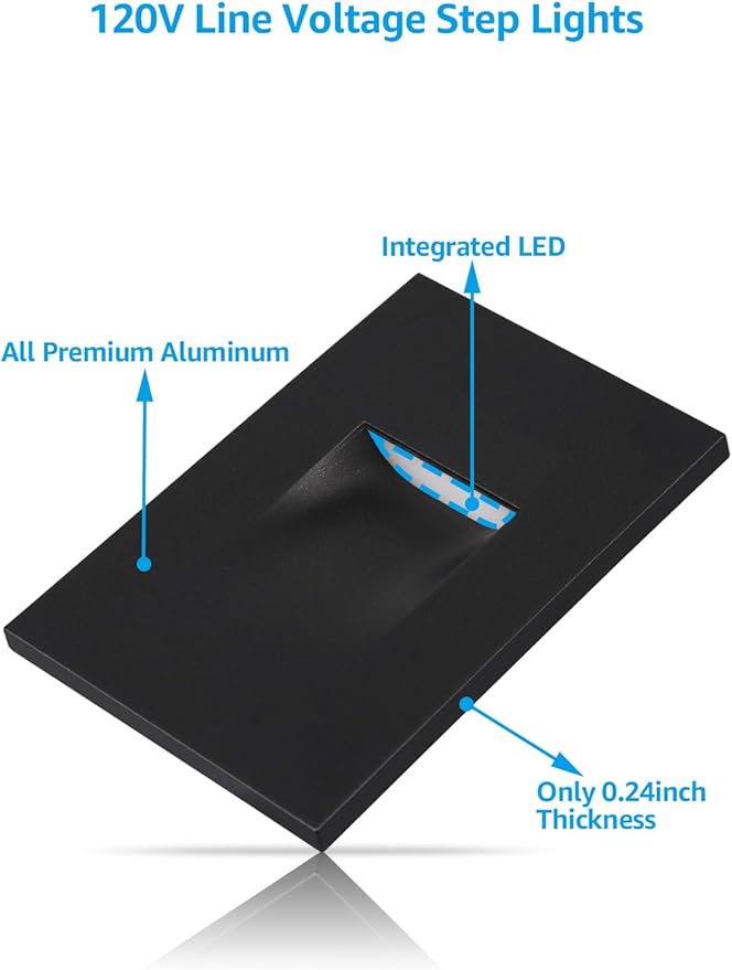 LEONLITE 5CCT 120V LED Step Lights 3.5W 150LM 5%-100% Dimmable Indoor Outdoor Waterproof Vertical Stair Light 2700K/3000K/3500K/4000K/5000K Selectable CRI90 ETL Aluminum Black Pack of 6