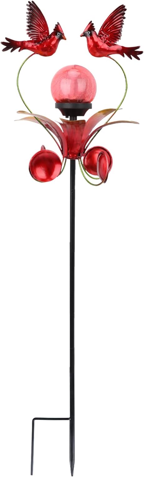 VCUTEKA Cardinal Solar Lights Outdoor Metal Garden Stake Waterproof Crackle Glass Globe Garden Decor Cardinal for Pathway Lawn Patio Yard