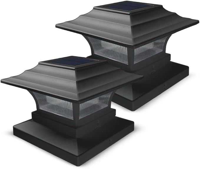 Ceybo Solar Post Cap Lights 4-Pack 3000K Warm White Outdoor Waterproof LED Fence Cap Lights for 4x4 Wooden Posts Deck Garden or Gate 10 Lumens Dusk to Dawn Auto On/Off Landscape Lighting (Black)