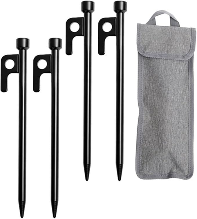 Camping Tent Stakes Steel Sand Pegs Set with 4 Heavy-Duty 25cm Metal Ground Stakes and Carry Bag for Outdoor Camping Beach and Wind-Resistant Tent Fixing Equipment