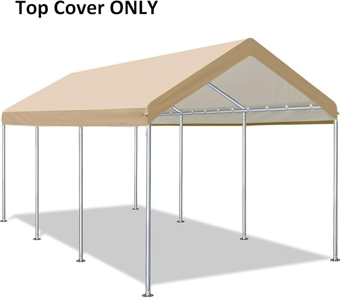 Carport Replacement Canopy Cover for Car Tent Top Garage Shelter Cover Tarp with Ball Bungees (Only Top Cover Frame Not Include) (Beige 10’ x 20‘)