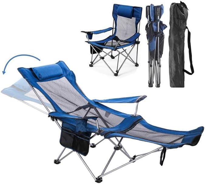 Reclining Folding Camping Chair with Removabel Footrest Adjustable Folde Camping Chair with Foot Rest Camp Lounge Outdoor Beach Chair Mesh Reclining Design with Pillow Cup Holder Blue Mesh