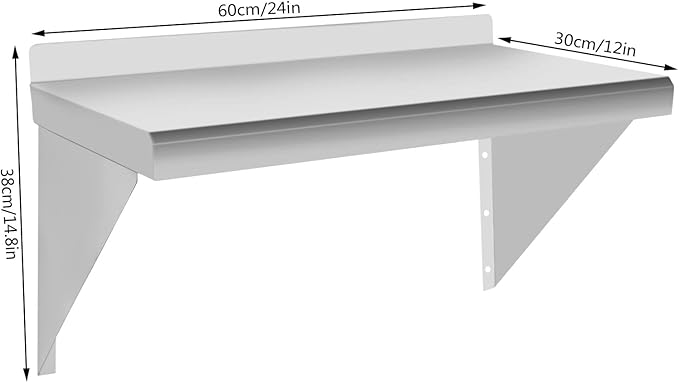Stainless Steel Shelf 24'' x 12'' 110lbs Wall-Mounted Commercial Shelves with Triangular Brackets Metal Shelf for Home Restaurant Cafeteria