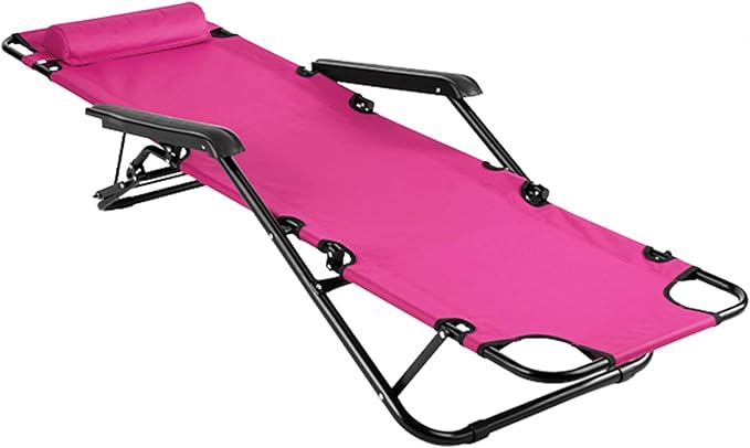 Reclining Camping Chair Portable Dual Purposes Extendable Folding Reclining Chair4 Adjustable Positions Patio Beach Chair for AdultsLawn Lounge Chairswith Headrestfor Garden Pool Sports (Pink)