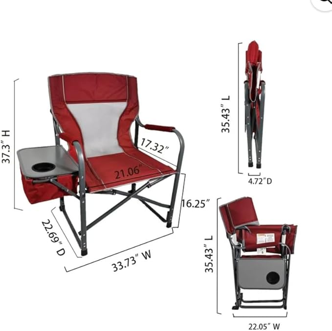 Folding Director's Chair with Side Table and Cooler Heavy-Duty Camping Chair 33.73W x 37.3H inches (Red Sport)