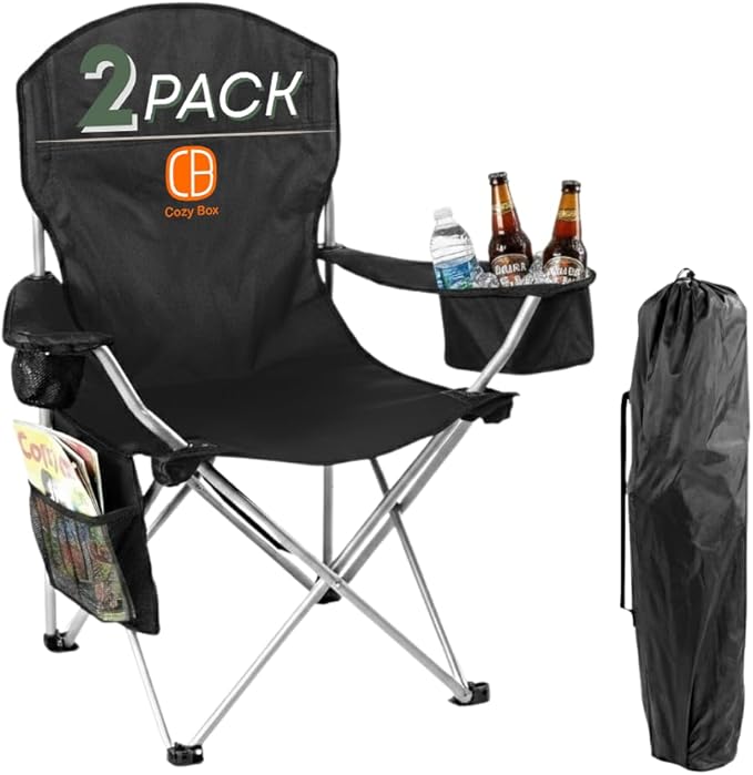 Pack of 2 Portable Lawn Chairs with Built-in Can Cooler Storage Pocket Carry Bag and Cup Holder Includes Carry Bag (2 Black)