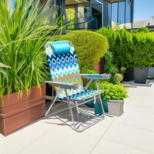 SUNNYFEEL Extra Wide 28 Folding Beach Chair 5 Position Lay Flat Portable 17 Tall Camping Chair with Cup Holder for Outdoor/Lawn/Trip/Picnic Lightweight Foldable Sand Chairs for Adults (Wave)