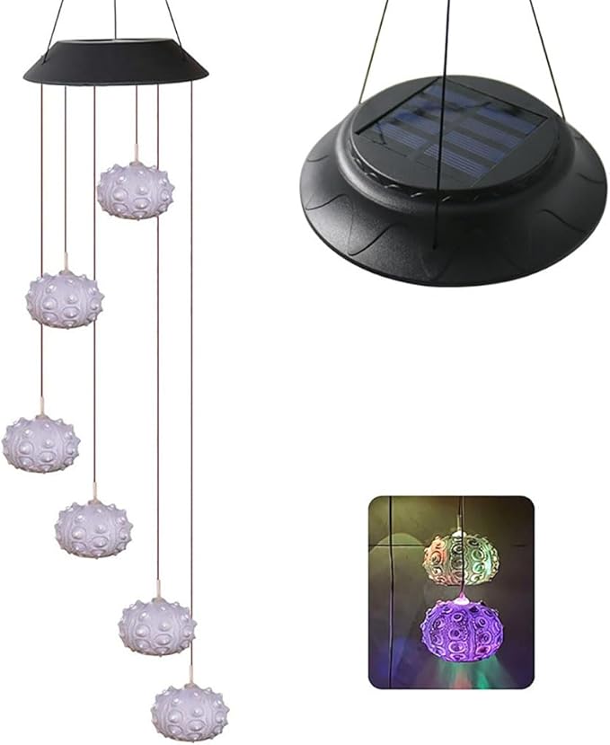Solar Sea Urchin Wind Chime Light 6 LEDs Colorful Color Changing Outdoor Decorative Solar Hanging Light Painted Marine LED Lights for Garden Walkway Patio Yard 1 Pack