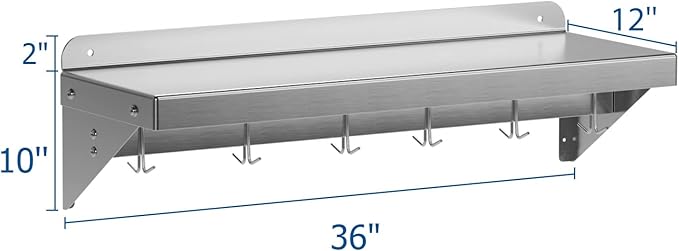 2 pack Metal Multifunctional Storage Rack with Backplash for Kitchen [NSF Certified] 12 x 36 Stainless Steel Wall Mount Shelf with 6 Hooks for Hanging Pots Panscookware in Home and
