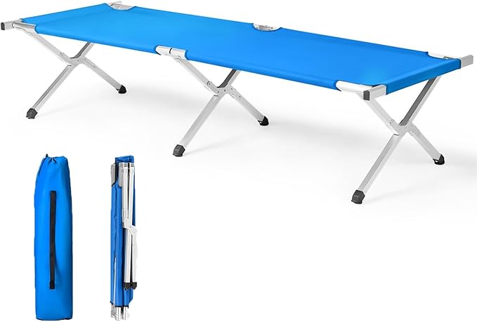 Vasitelan Outdoor Camping Cot Portable Folding Cots for Sleeping with Carry Bag Outdoor Camping Bed for Adults Support 275 Lbs (Blue)