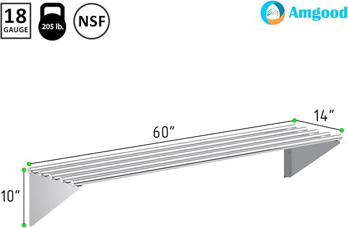 AmGood 14 in. x 60 in. NSF Stainless Steel Tubular Wall Shelf | Heavy-Duty Metal Shelving for Appliances &amp Equipment | Ideal for Kitchen Restaurant Garage Laundry Utility Room