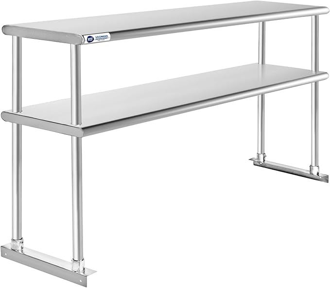 NSF Certified Stainless Steel 2-Tier Double Overshelf - 72 x 12 for Kitchen Prep &amp Work Table Commercial Grade Durability