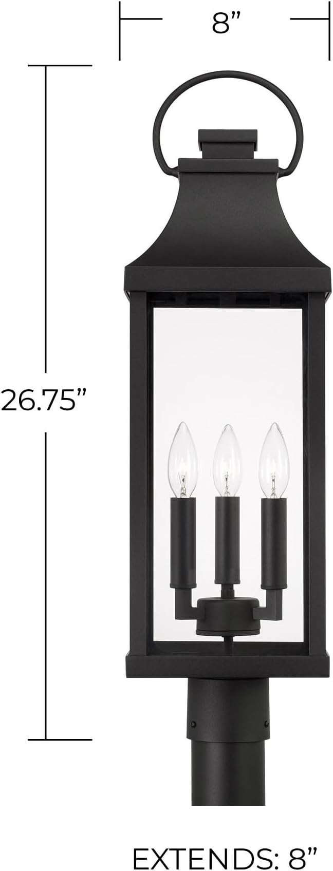 Capital Lighting 946432BK Bradford Clear Glass Outdoor Post Lantern 3-Light 180 Total Watts 27 H x 8 W Black