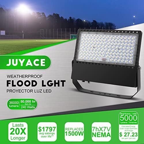 Juyace 240W LED Stadium Lights Outdoor 1500 Watt Equivalent Wider Lighting Angle Led Flood 100-277V 36000LM 5000K Daylight Commercial Arena for Sports Fields and Court (3 Pack)