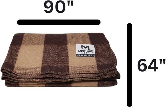 M MCGUIRE GEAR Warm Wool Bunkhouse Plaid Blanket for Camping Home Survival or First Aid 64 x 90 (Light Brown/Brown)