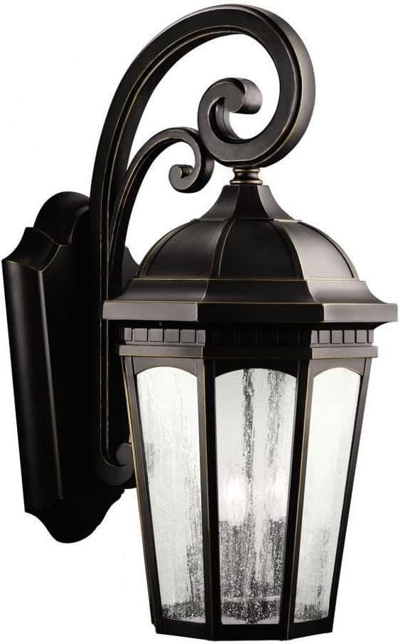 Kichler Courtyard 26.5 3 Light Outdoor Wall Light with Clear Seeded Glass in Rubbed Bronze
