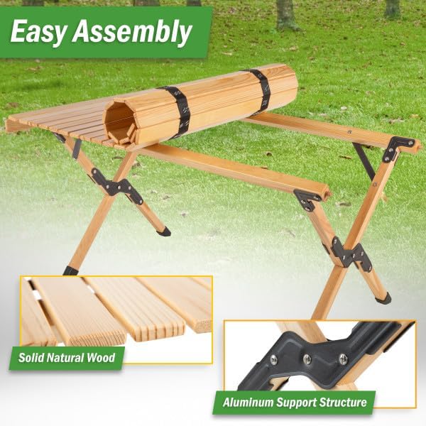 Foldable Camping Table - Roll Up Folding Table - Easy Assembly Portable Picnic Table with Carry Bag - Indoor or Outdoor Low Height Travel Party or Beach Table by Wakeman Outdoors (Natural Wood)