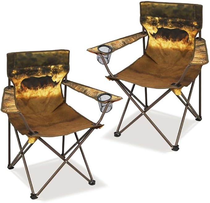 2 Pcs Animal Pattern Camping ChairFolding Backpacking Lightweight Beach Chair w/Cup HolderSide PocketCarry BagPortable Adults Lawn Chair for Family OutdoorHikingPartiesRhinoceros