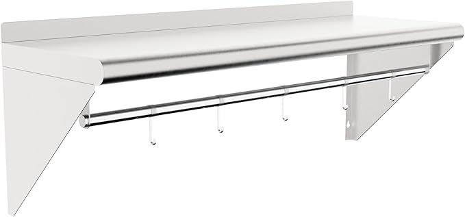 12''x36'' Wall Mounted Stainless Steel Shelf with Suspension Rod NSF Commercial Metal Wall Mounted Floating Shelf for Kitchens Restaurants Food Trucks Garages Homes and Hotels