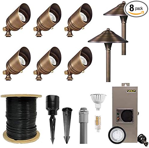 VOLT 12V Solid Brass Bronze LED Landscape Lighting Kit (6 Spotlights 2 Path Lights) with 150W Low Voltage Transformer for House Yard Outdoor Pathway Walkway Garden Driveway or Patio
