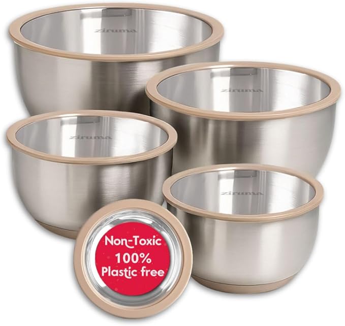 Ziruma Non-Toxic Mixing Bowls with Lids Set Stainless Steel &amp Glass 5 Pcs Plastic Free Bowls with Silicone Non-Slip Base Dishwasher Safe Mixing Bowl Set