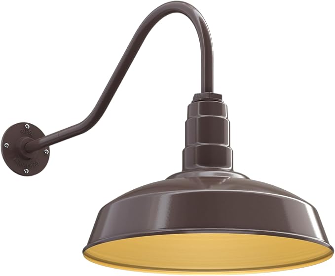 Steel Lighting Co. Gardena Barn Light | Outdoor Wall Mounted | 16 Dome | 23 Gooseneck | Farmhouse Light Made in America | Dark Bronze Exterior/Brass Interior
