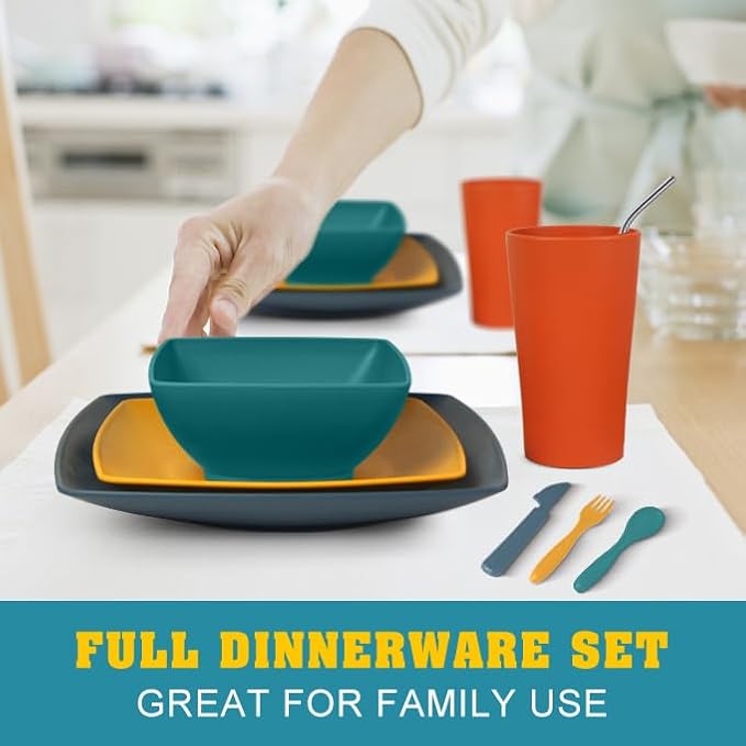 Teivio 88-Piece Kitchen Plastic Wheat Straw Square Dinnerware Sets for 8 Dinner/Salad/Tidbit Plates Fruit/Snack Bowls Cups Flatware Dishwasher Safe Unbreakable Outdoor RV Dishes Fall Multicolor