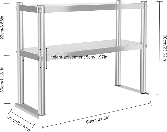 Double Overshelf 2-Tier Stainless Steel Kitchen Shelf Height Adjustable Overshelf Kitchen Prep Work Table Double Tier Overshelf for Kitchen Restaurant (12 x 30 Inch)