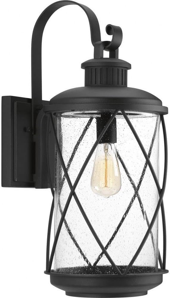 Progress Lighting Hollingsworth Collection 1-Light Clear Seeded Glass Farmhouse Outdoor Large Wall Lantern Light Textured Black
