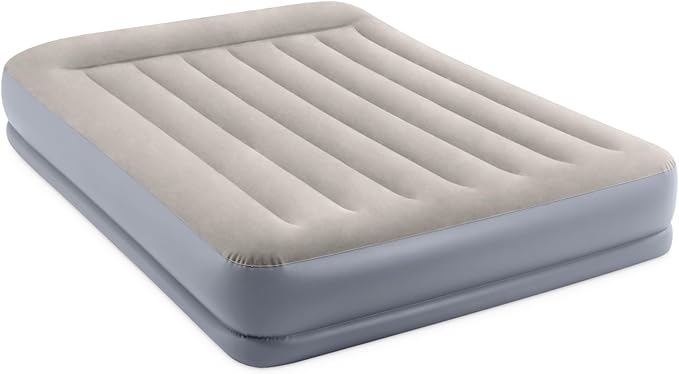 Intex 64117ED Dura-Beam Standard Pillow Rest Air Mattress: Fiber-Tech – Queen Size – Built-in Electric Pump – 12in Bed Height – 600lb Weight Capacity