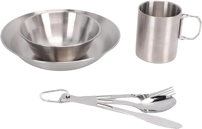 Camping Tableware Set Stainless Steel Mess Kit Double Wall Cups Bowls Plates Utensils for 4 Person Outdoor Picnic