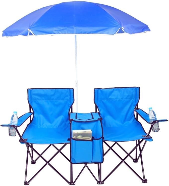 VINGLI Beach Chair with Umbrella for Adults Double Camping Chair with Canopy &amp Cooler Fold-Up Table Carrying Bag Folding Chair for Outdoor (Blue)