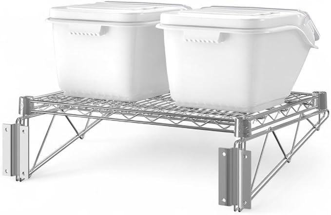 18 x 24 Chrome Wall-Mounted Wire Shelf Kit with Clip-in Ingredient Storage Bins Heavy-Duty Steel Rack Supports up to 600 lb Flip-Top Lids Open-Wire Design for Kitchen/Prep/Storage